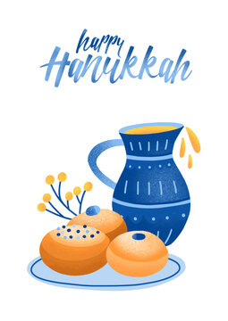 Happy Hanukkah greeting card with oil jug and sufganiyot donuts. Traditional Jewish holiday food, dessert, Hanuka snack, bakery on plate. Festive Judaic poster design. Flat vector illustration