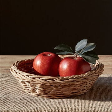 Two red apples with green leaves in woven basket on wooden table, natural light, rustic style, fresh and healthy fruit