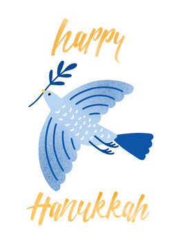 Happy Hanukkah greeting card with flying dove holding olive branch. Jewish peace bird symbol, holiday poster design. Festive Judaic postcard for traditional Hebrew Hanuka. Flat vector illustration