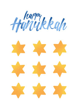 Happy Hanukkah greeting card design. Jewish Hebrew festive Chanukiah poster with star of David pattern. Traditional religious Hanuka holiday symbol, Judaic postcard. Flat vector illustration