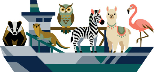 Naklejka premium Geometric Style Wildlife Animals on a Modern Ship Vector Illustration Featuring a Badger Otter Owl Zebra Alpaca and Flamingo for Creative Eco Tourism Designs