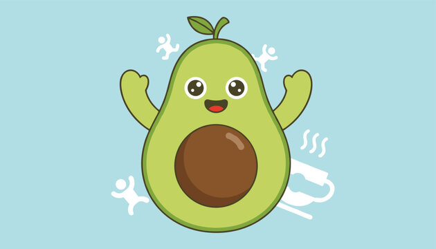 Happy cartoon avocado character raising arms with joy surrounded by tiny dancing white figures on blue background.