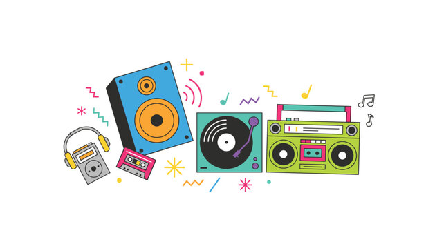 Colorful collection of hand drawn retro music devices including speakers, a vinyl record player, walkman, and boombox.