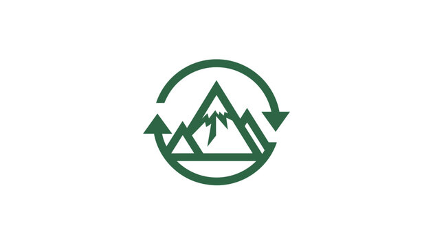 Green mountain peaks enclosed within circular arrows representing eco friendly tourism and natural recycling.