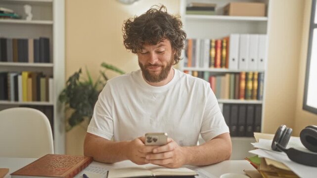 Man seated holding smartphone with both hands at a cluttered desk with books, open notebook and headphones near shelves in building; concentration study productivity.