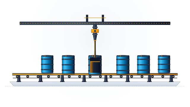 Automated Conveyor Line Filling Industrial Blue Oil Barrels Animation