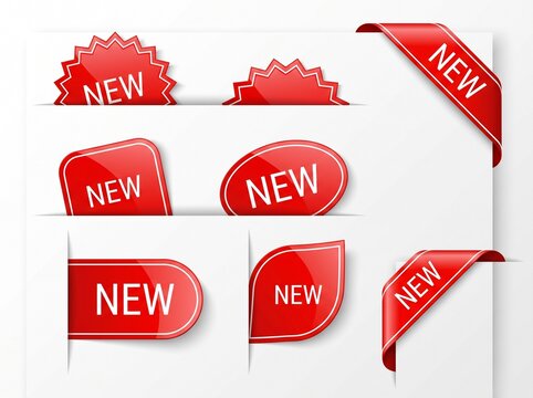 Set of Red Glossy Promotional Labels and Corner Ribbons with New Text for E-commerce and Marketing Design