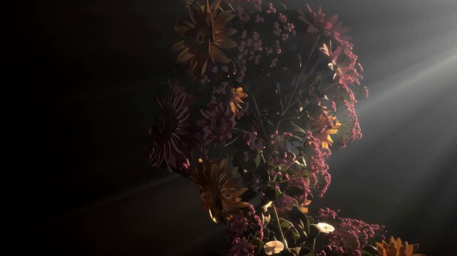 Surreal silhouette of a head filled with flowers and backlit by dramatic rays, expressing complex mental health, inner growth, emotional struggle, hope, anxiety, and duality