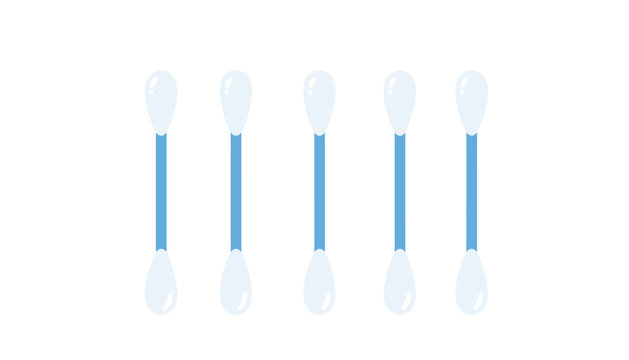 Row of five white double ended cotton swabs with blue plastic stems used for personal hygiene and cosmetic care.