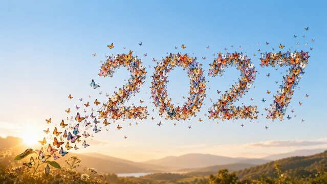 Butterflies forming 2027 over sunrise landscape