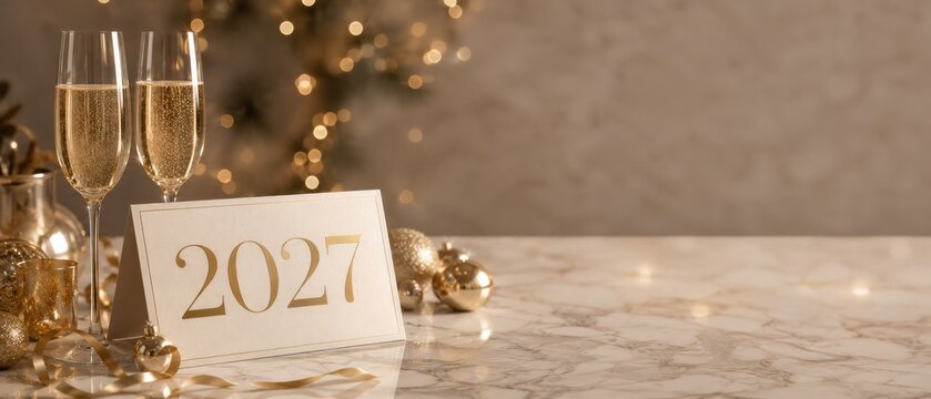 2027 new year card with champagne glasses and gold decor