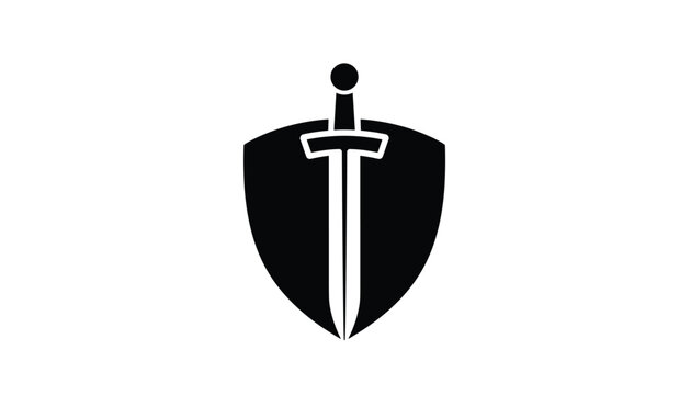 Medieval shield and sword silhouette icon representing protection, security, defense, and ancient military coat of arms.