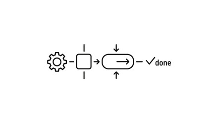 Obraz premium Process Flow Diagram: Gear, Square, Oval, Arrow, Checkmark, Done