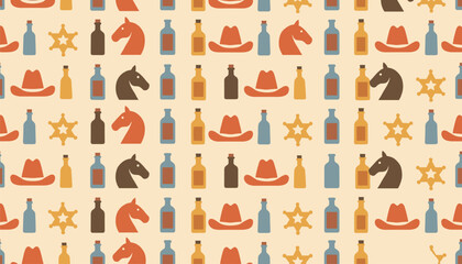 Fototapeta premium Seamless pattern of wild west icons including cowboy hats sheriff stars horse heads and vintage bottles.
