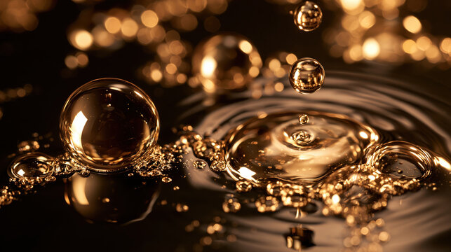 Macro photography shows liquid gold mercury droplets on water