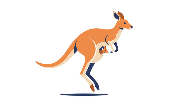 Australian kangaroo vector illustration showing a jumping orange parent with a cute baby joey peeking from the pouch.