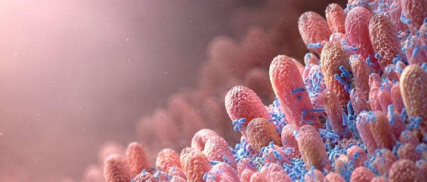 Intestinal villi with bacteria in microscopic view