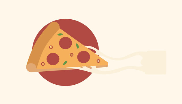 Delicious slice of pepperoni pizza on a red circular plate with long gooey strands of stretching melted cheese.
