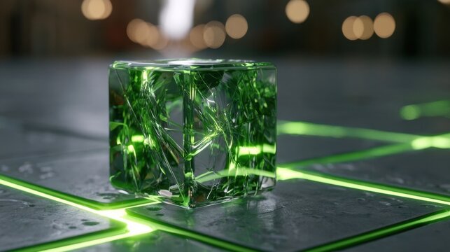 Green translucent crystal cube with internal fractures on a dark tiled surface with glowing green lines