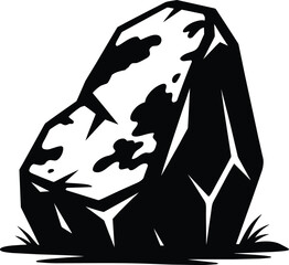 Stone boulder icon with jagged texture details in a black shape silhouette, nature landscape element for outdoor environment concepts, rough geologic formation on the ground with grassy patch in solid © MC Creative