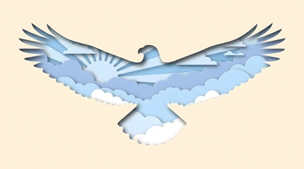 Naklejka premium Paper cut art of soaring eagle with clouds and blue sky, vector graphic icon illustration, design element, background pattern, logo symbol