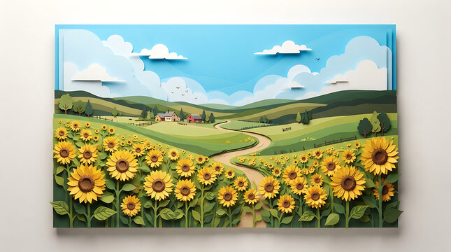 Layered paper landscape artwork featuring a sunflower field and rolling hills