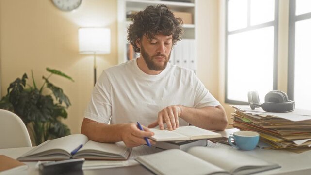 Man taking notes with pen and hand on open books in a building study with stacked folders and a coffee cup; concentration diligence.