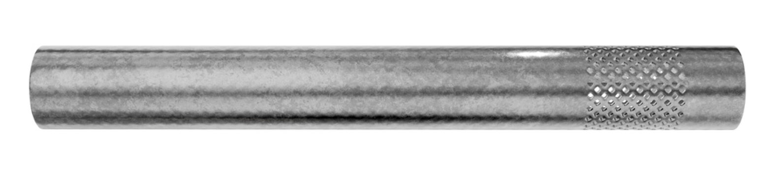 realistic 3d render of a galvanized steel industrial metal pipe featuring a detailed perforated hole mesh pattern for mechanical engineering ductwork and air filtration components