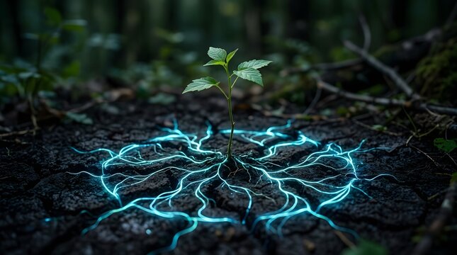 Small green plant growing from cracked earth with glowing blue magical energy roots