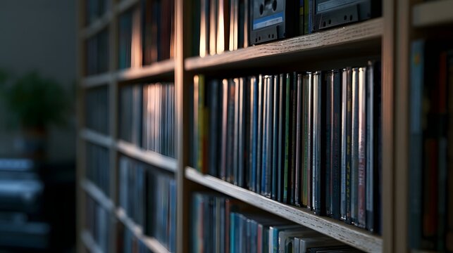 A wooden shelf filled with cassette tapes and CDs bathed in warm  natural light with a shallow depth of field