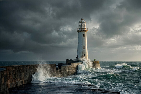 White lighthouse on stone pier with crashing stormy sea waves