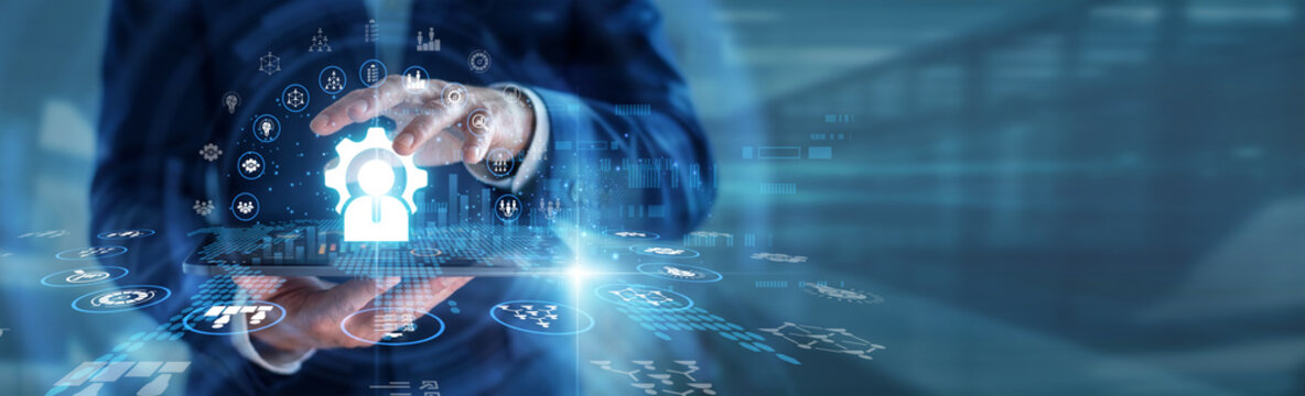 Business advisor hands holding digital tablet presenting Management Consulting strategies to corporate executives. Corporate workflow optimization, advisory services, and firm growth.