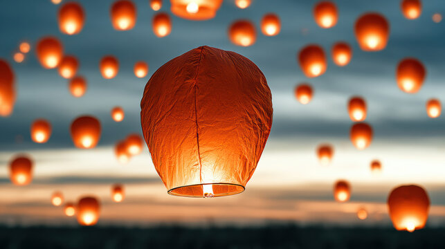 Hundreds of glowing paper lanterns floating in evening sky, creating magical and festive atmosphere at sunset