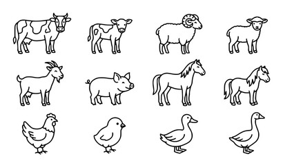 Obraz premium Farm Animals Icon Set, Including Cow, Pig, Sheep, Horse, Chicken, and Duck Illustrations