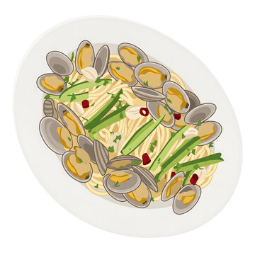 Stylized illustration of Italian spaghetti alle vongole seafood pasta with fresh clams and green vegetables