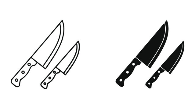 Kitchen knife line and silhouette vector icon set, sharp chef and paring knife symbol isolated on white background for cooking and restaurant concept