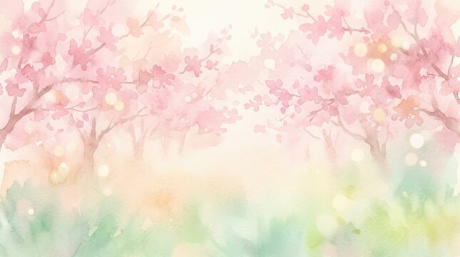 Soft watercolor illustration of a beautiful spring park with blooming pink cherry blossom trees and green grass in a dreamy garden