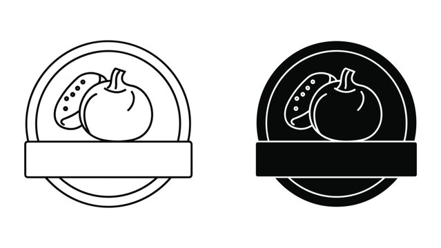 Set of two round emblems with pumpkin and slice icon, vector illustration of autumn harvest vegetable symbol, farm fresh food logo design
