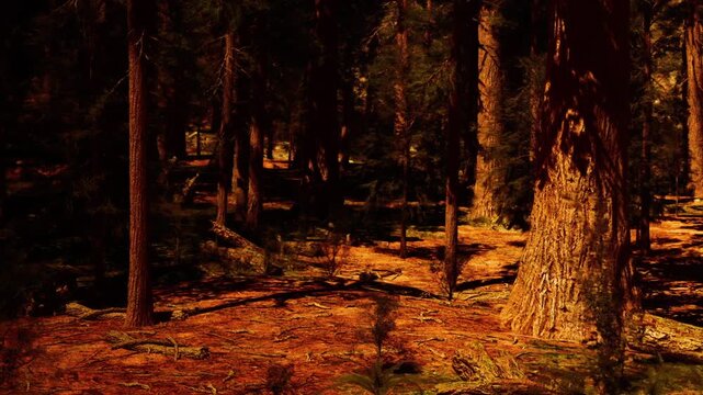 In a forest with tall trees, light shines through the branches on a path covered with leaves. The ground is warm, showing shades of orange and brown as the sun moves in the afternoon.