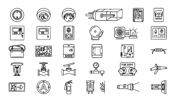 Set of hand drawn fire safety and security system equipment icons for building protection and emergency management
