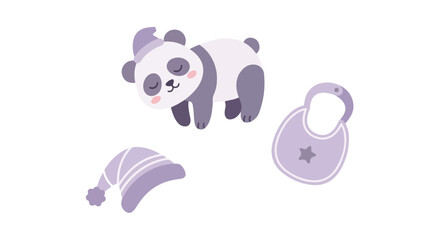 A cute sleeping baby panda illustration with a matching lavender nightcap and a baby bib isolated on a white background. © Sabil