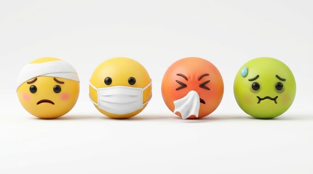 Row of Sick and Injured 3D Emoji Characters Representing Various Health Issues, Cold, Flu, Nausea and Medical Care