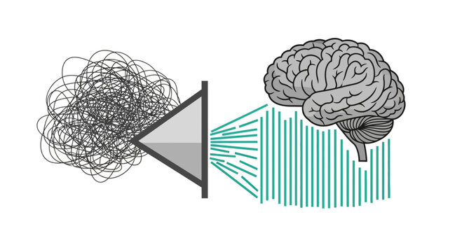 Brain Process Illustration of Organized Thoughts Transforming Into Chaotic Scribbles Through Filter