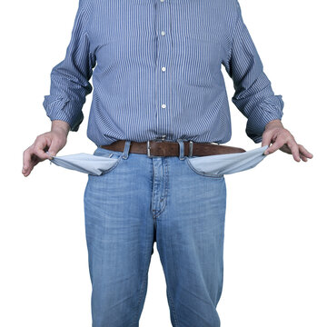 A person wearing a blue striped shirt and jeans shows their empty pockets.