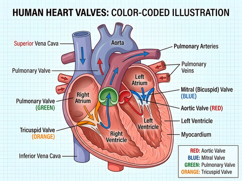 Color-coded human heart valves anatomical illustration isolated on white background