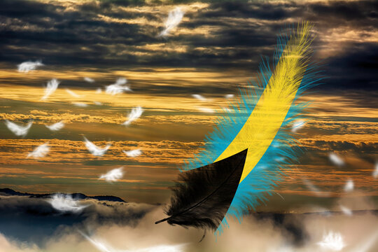 3D illustration. Flag of Bahamas on a feathers fluttering in the sky background.