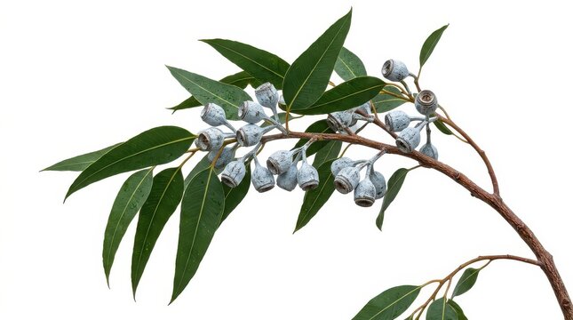Fresh Eucalyptus Tree Branch with Blue Gumnut Seed Pods and Green Leaves Isolated on White