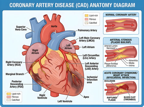 Coronary artery disease anatomy diagram with conditions isolated on white background