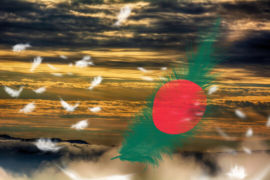 3D illustration. Flag of Bangladesh on a feathers fluttering in the sky background.