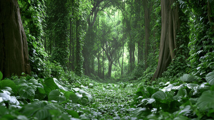 Naklejka premium Lush green forest overgrown with dense foliage, tall trees, vibrant leaves, natural sunlight, peaceful atmosphere, untouched nature